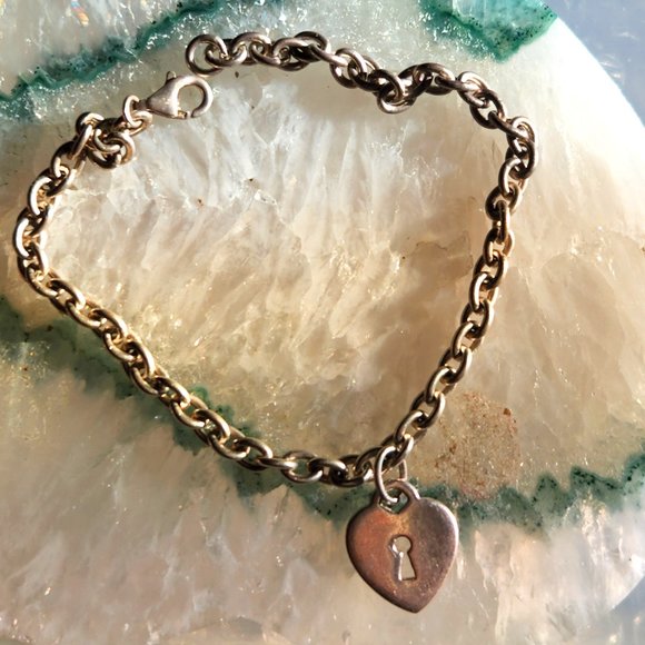 Vintage Sterling Silver Bracelet Heart Key Hole pendant charm  7-1/2" 7.9g - Picture 1 of 5
